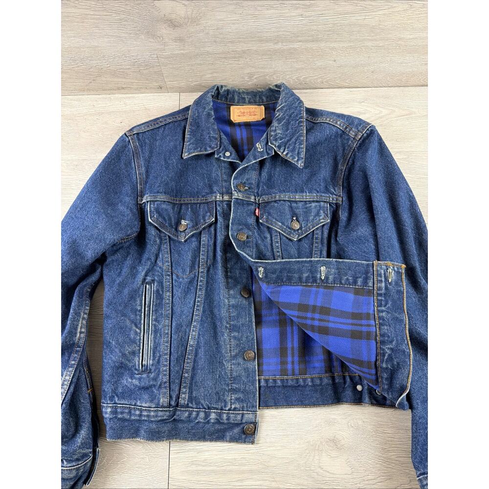 Vintage Levi’s Blue Denim Blue Buffalo Plaid Lined Jacket 70411 90’s USA Size L